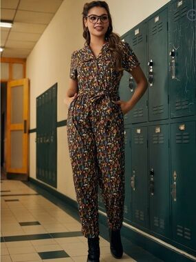 ModCloth Brown Short-Sleeve Jumpsuit with Tie Waist